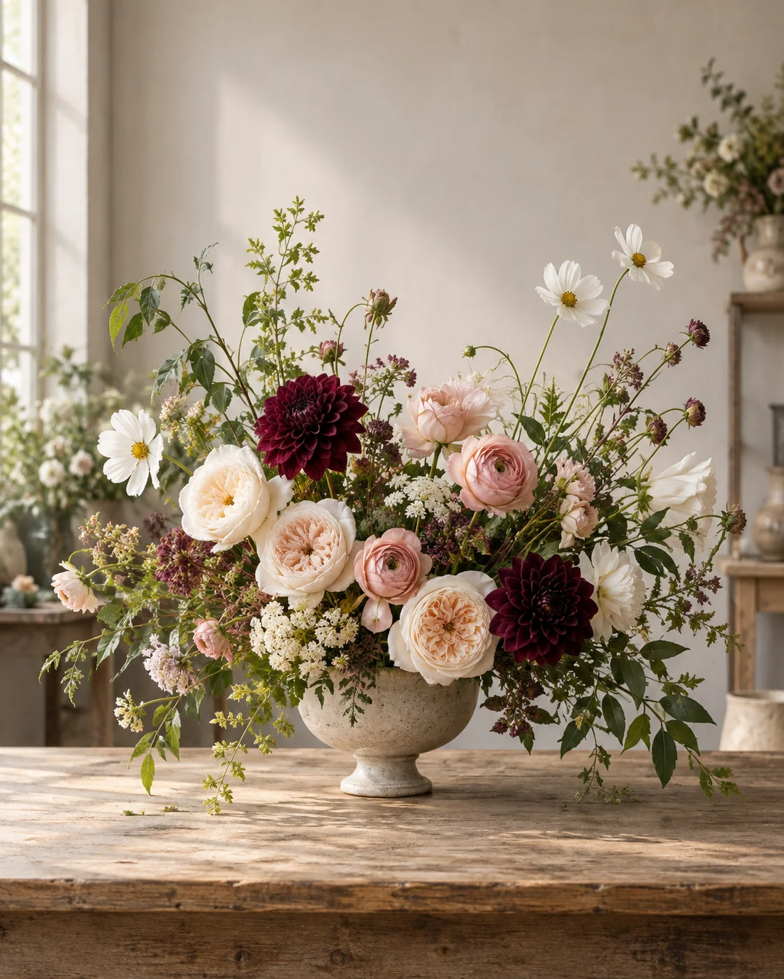 An airy arrangement of ivory roses, blush ranunculus, burgundy dahlias, and delicate greenery in a florist’s studio