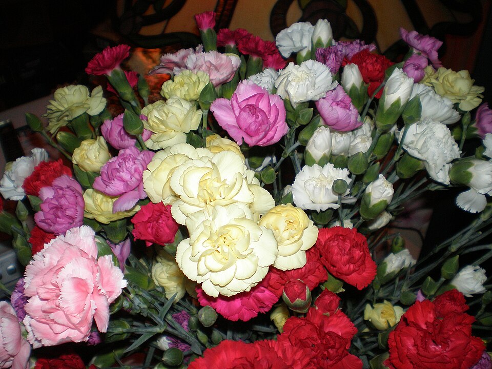 Mini carnations among roses and greenery in a mixed bouquet
