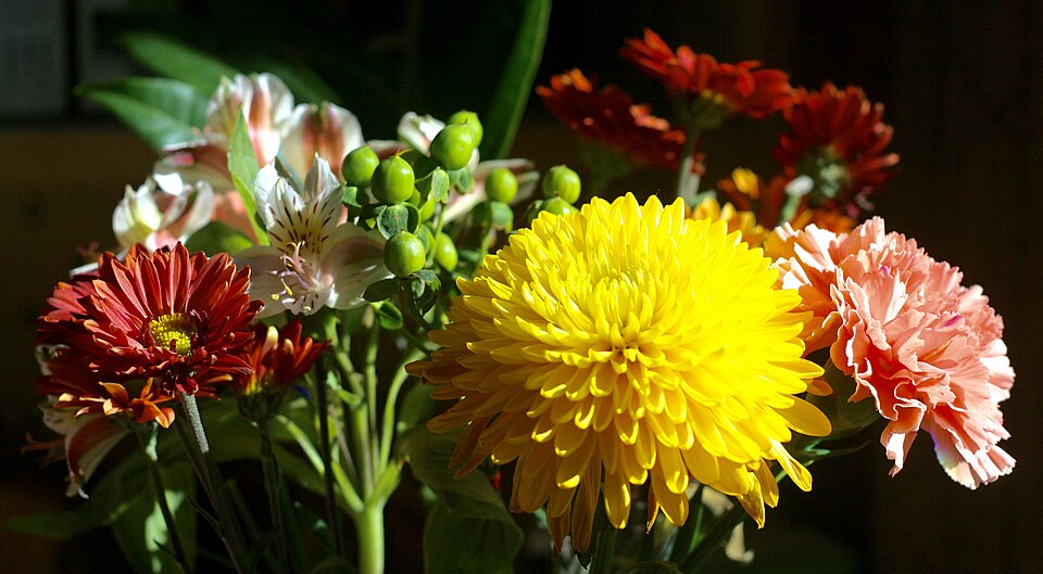 A yellow dahlia in a mixed bouquet